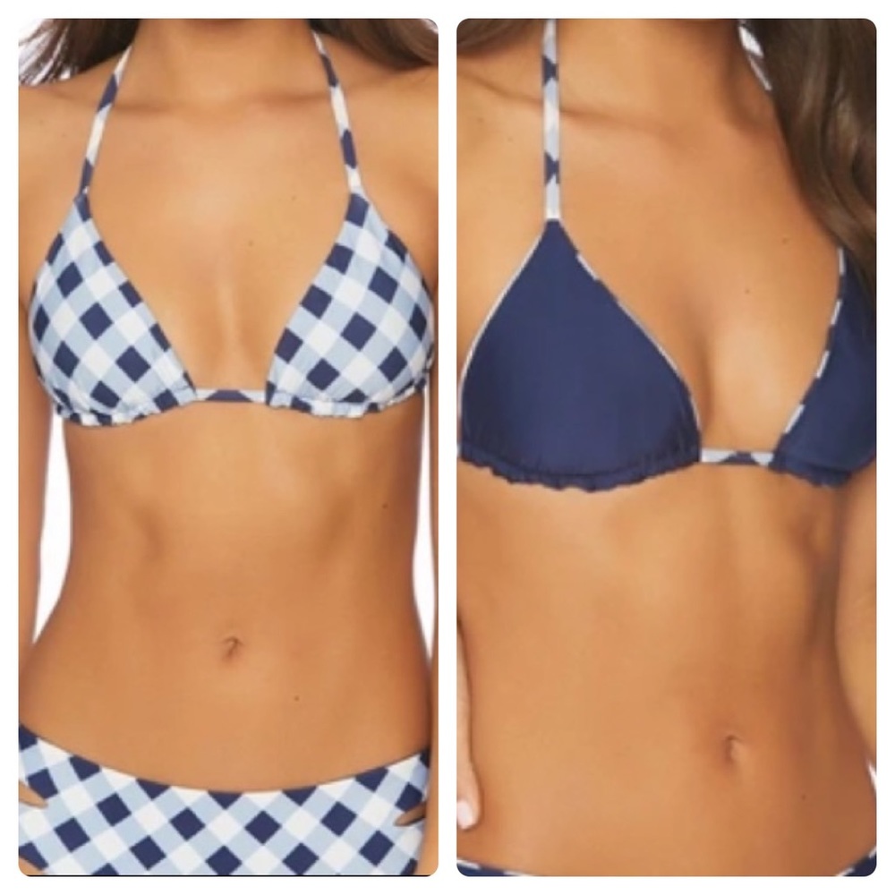 Splendid reversible triangle bikini top in blue check size XS 0-2 Top Only